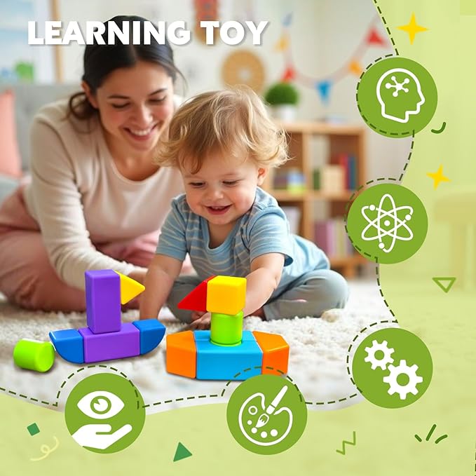 Magnetic Blocks, Large Building Blocks for Toddlers 1-3, Multi-Shape 3D Stacking Blocks Set, Montessori Learning Sensory Magnet Toys for Boys Girls, Kids Gift (14pcs)