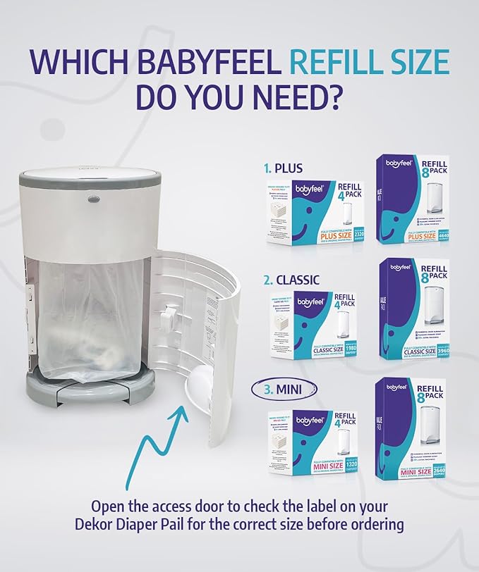 Babyfeel Refills Compatible with DEKOR MINI Diaper Pails | 8 Pack | Exclusive 20% Extra Thickness | Diaper Pail Refills with Powerful Odor Elimination | Powder Scent | Holds up to 2640 Diapers