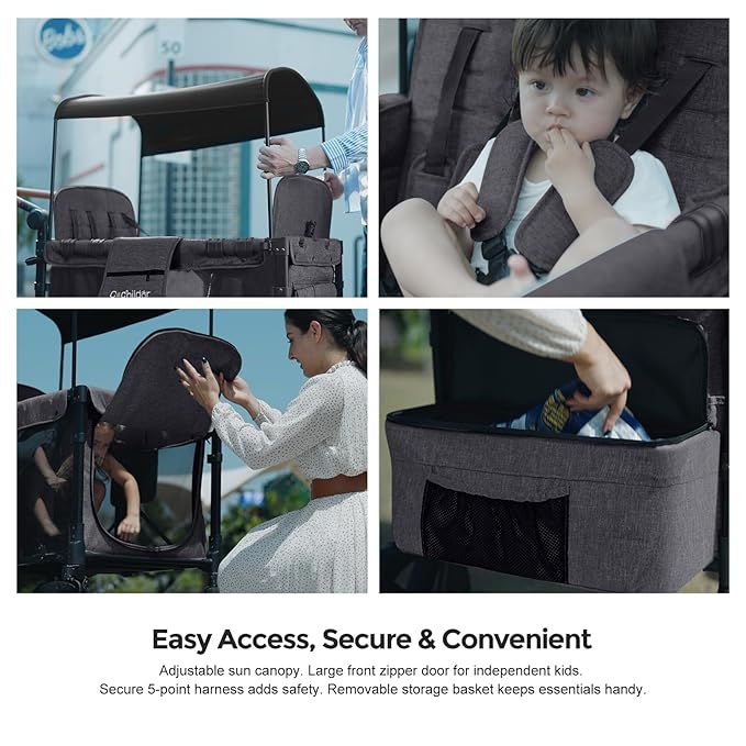 Elite 4-Seater Wagon Stroller for 2-4 Kids, One-Hand Fold, High Seats with 5 Point Harness, Adjustable Handle & Canopy, Dark Gray