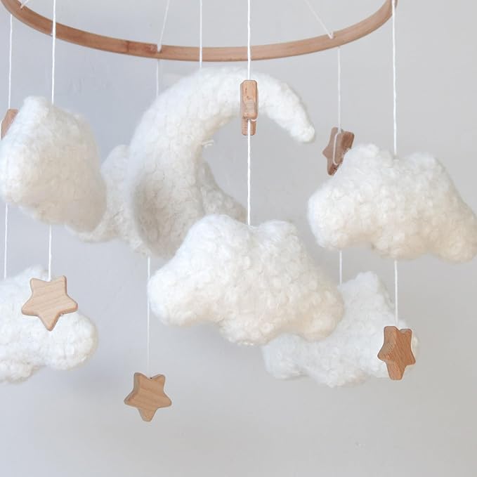 Cloud Mobile for Crib Neutral Baby Mobile for Crib Bassinet Boucle Cloud Baby Crib Mobile for Girls Boys Boho Nursery Mobiles with Wooden Stars