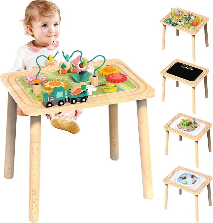 3-in-1 Baby Activity Table for 6-36 Months Old Kids Wooden Activity Center Sensory Play Table for Toddlers with Bead Maze Shape Sorter Montessori Toys Sand Table Must Have Birthday Gift for Girls Boys