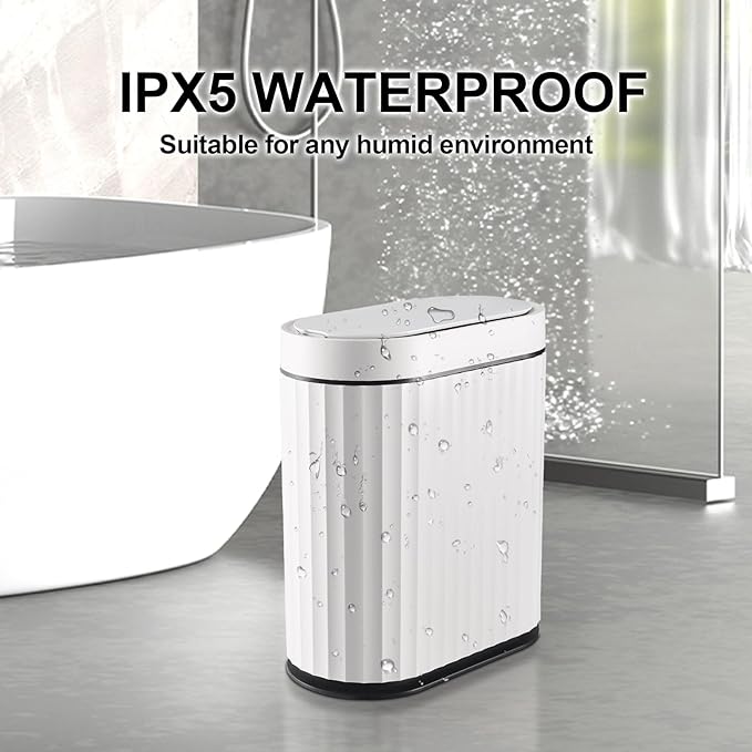 ELPHECO Bathroom Trash Can with Lid 2 Gallon Small Sensor Garbage Can, 9 Liter Slim Smart Trash Bin, Waterproof Automatic Wastebasket, Narrow Plastic Garbage Bin for Bathroom, Black and White