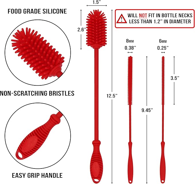 12.5" Silicone Bottle Brush & Straw Cleaner Brush Set | Water Bottle Cleaner for Hydro Flasks, Tumblers, Glassware, Vases and Narrow Neck Containers