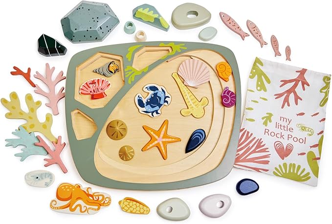 Tender Leaf Toys - My Little Rock Pool - 35 Piece Wooden Sea Life Set with Illustrated Drawstring Bag - Educational Play toy, Improve Fine Motor Skills, Shape Sorting Play for Boys and Girls - Age 3 +
