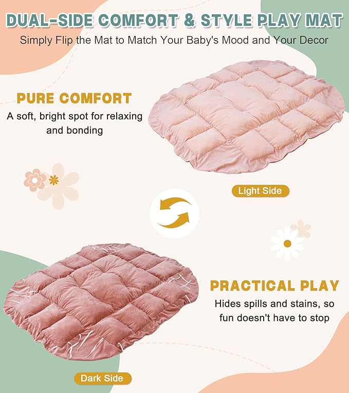 5-in-1 Baby Play Gym and Tummy Time Mat, Tummy Time Pillow & 12 Learning Cards, Plush Activity Mat with 6 Toys, Baby Gym, Convertible to Ball Pit & Pet Bed, Baby Gift, Pink