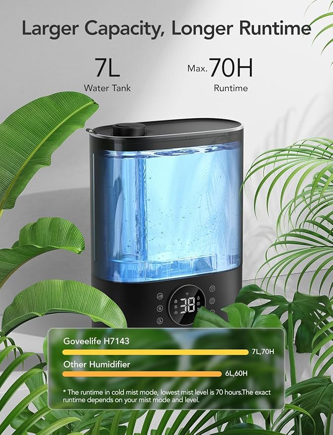 GoveeLife 7L Humidifiers for Bedroom, Smart Top-Fill Cool & Warm Mist Humidifier Large Room, Auto Mode, 70H Quiet Runtime for Baby Plants Nursery, App & Voice Control, RGB Nightlight, Humidity Sensor