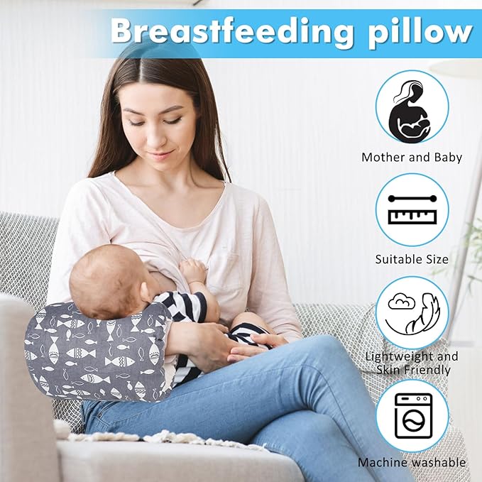 Nursing Arm Pillows for Breastfeeding,Baby Feeding Arm Pillow Portable and Washable for Travel, Soft Cotton Ergonomic Bottle Nursing Essentials（Grey Little Fish）