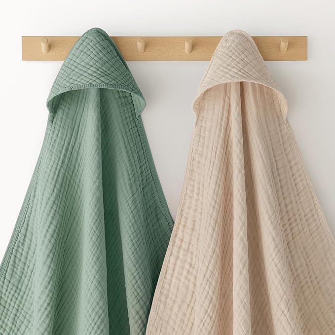 Looxii Baby Bath Towels 2 Pack Muslin Hooded Baby Towels for Newborn and Infants, 100% Cotton, Large 32x32Inch, Soft and Absorbent Beige+Green