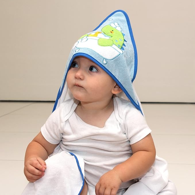 Baby Hooded Towel and Washcloth Set for Infants, Boys and Girls 6-12 Months (Refreshed Rex)