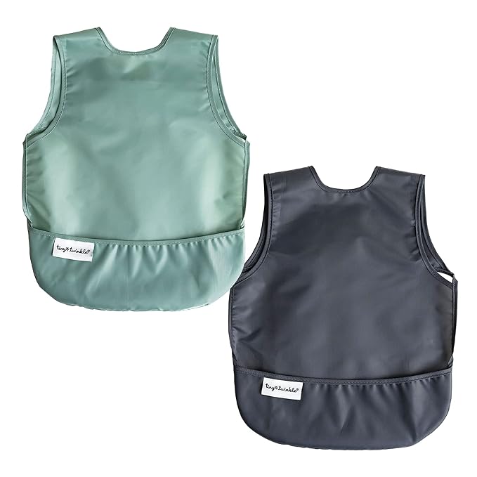 Tiny Twinkle Short Sleeve Apron Bibs for Babies & Toddlers – 2 Pack Waterproof, Mess-Proof Baby Bibs for Eating & Feeding, Machine Washable,Perfect Holiday Gift(Sage Charcoal, 6–24M)