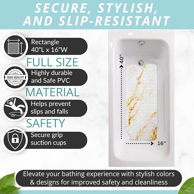 ENKOSI Bath Mat – Large 40 x 16 Inch Non-Slip Bathtub Mat with Secure Suction Cups & Drain Holes – Extra Long Bathroom Shower Mat for Tub with Marble Gold Design (40x16 Marble Gold)