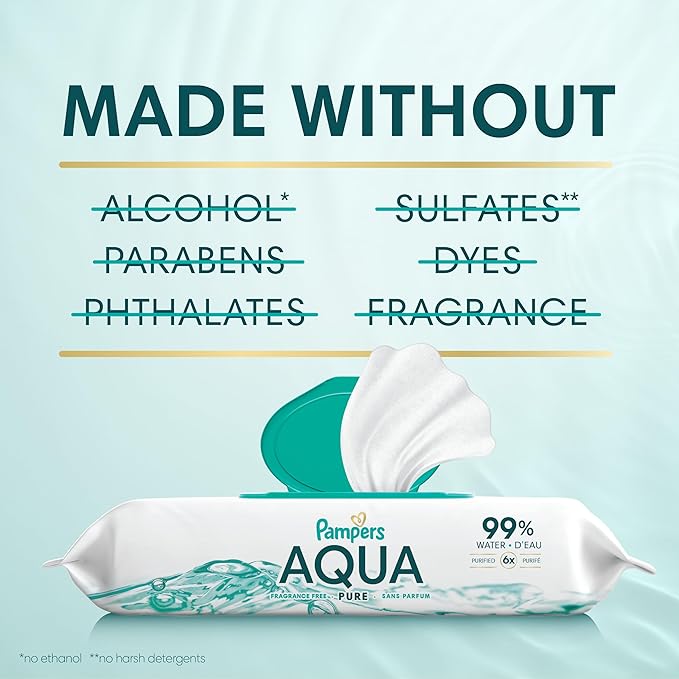 Pampers Aqua Pure Baby Wipes, 99% Water, Fragrance Free, 448 Baby Wipes Total (8X Flip-Top Packs) [Packaging May Vary]