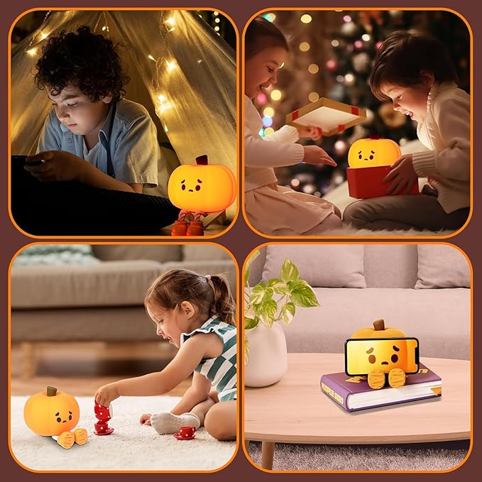 Pumpkin Night Light, Cute Silicone Night Light for Kids, Squishy Touch Nightlight Rechargeable Dimmable for Nursery Lamp for Breastfeeding, Halloween Decor, Office Desk and Kids Room Décor