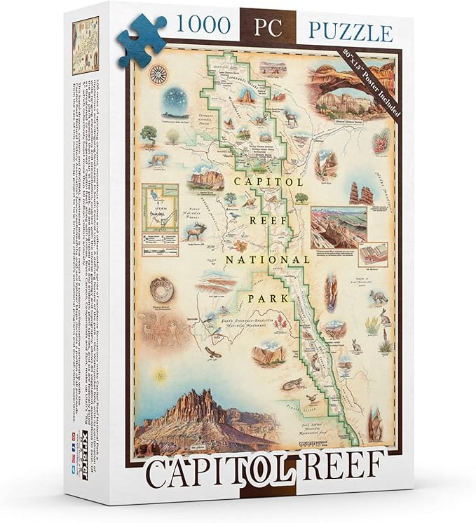 Capitol Reef National Park Map Cardboard Jigsaw Puzzle - 1000 Pieces, Hand-Illustrated - Educational, Family Activity, Ages 7+, Includes Poster - 25.4 x 19.8