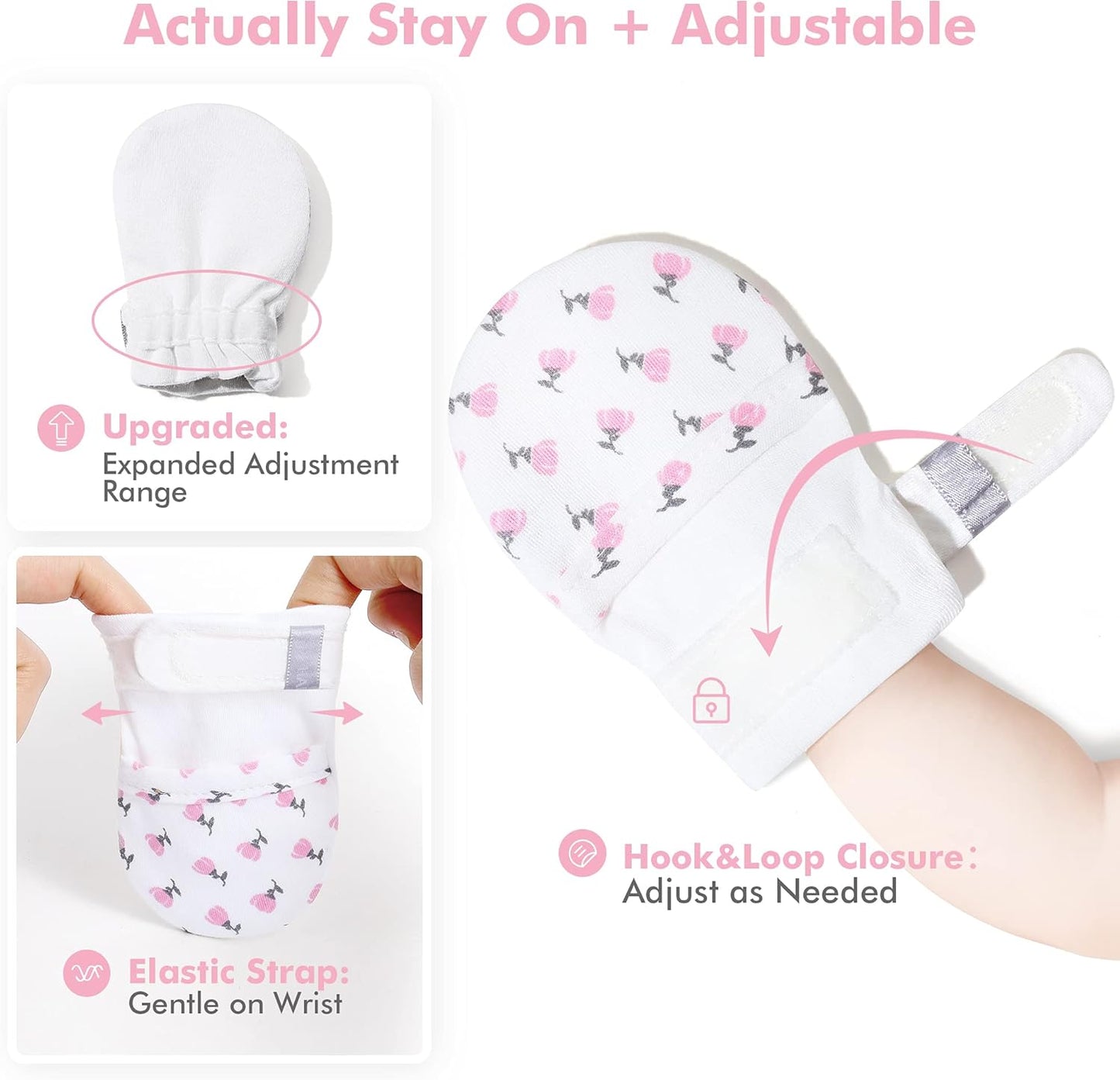 HAPIU Baby No Scratch Mittens Stay On, 100% Cotton Breathable, Adjustable Infant Gloves for Boys Girls, Newborn - 12 M