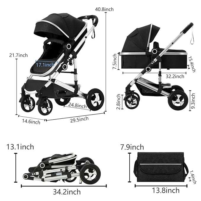 Kinder King 2 in 1 Convertible Baby Stroller, Folding High Landscape Infant Carriage, Newborn Reversible Pram, Adjustable Canopy, Diaper Bag, Anti-Shock Toddler Pushchair Stroller, Black