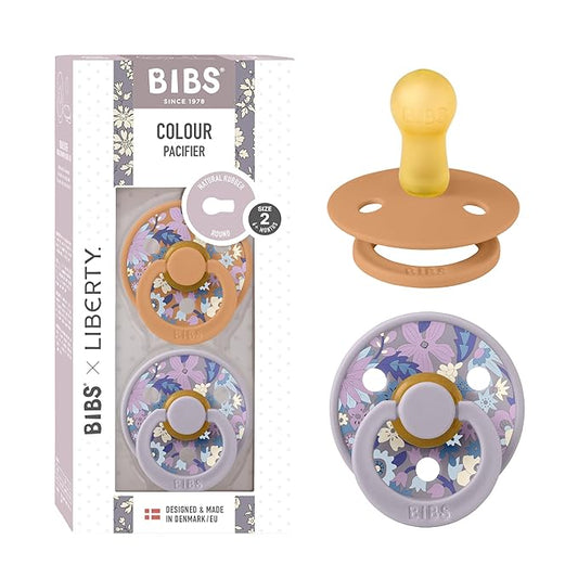BIBS Colour Liberty Soother 2-Pack, BPA Free Dummy Pacifier, Round Nipple. Natural Rubber Latex, Made in Denmark, Size 2 (6-18 Months), June Blossom Pumpkin Mix