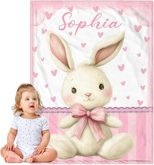 Personalized Baby Blanket for Girls, Custom Baby Blanket with Name, Soft Cozy Personalized Name Blankets for Kids, Customized Rabbit Blanket for Infant Toddler Birthday Christmas