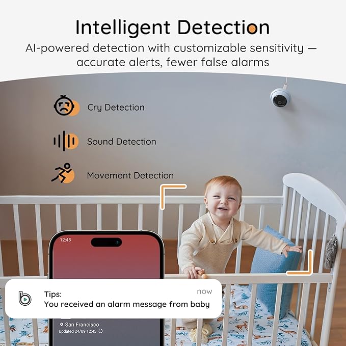BOIFUN 2K Split-Screen 5 Inch Wi-Fi Baby Monitor with 2 360° Cameras, AI Motion & Sound & Humidity & Temp Detection, Auto Tracking Via Smartphone App and Monitor Control, Infrared Night Vision