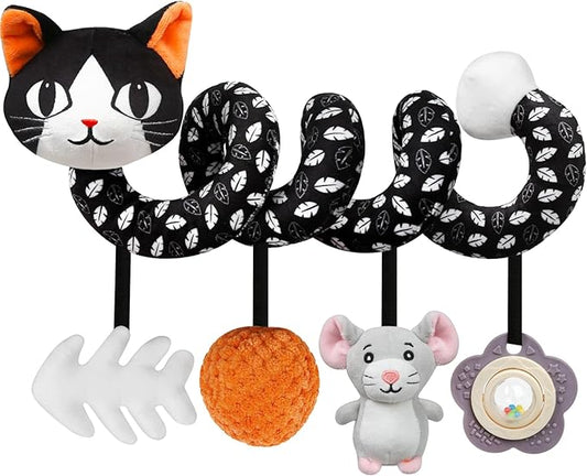 Baby Carseat Toy Black & White Rattle Spiral Hanging Activity Stroller Toy for Newborns Boys and Girls - Cat