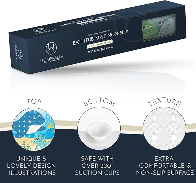 Homerella Baby Bath Tub Mat | Anti Mold Mildew Resistant Non Slip Kids and Adult Bath Tub Shower Mats | 40x16 inch Long with Suction Cups for Secure Grip Hooks for Storage & Drying | Machine Washable