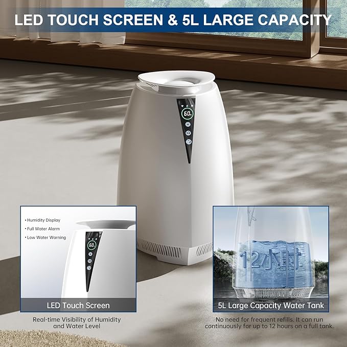 Humidifiers for Bedroom Large Room, 5L No Mist Humidifier for Baby Plants Quiet Top-Fill Air Purifiers Air Cleaner, Tap Water Use, Last 12-Hour, Remote & LED Touch Control & APP Control
