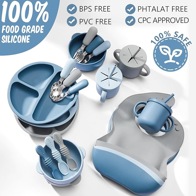 Yinder 24 Pack Silicone Baby Feeding Set Baby LED Weaning Supplies Includes Suction Divided Plates Soft Bowl Spoons Forks Adjustable Bib Snack Cup and Straws(Dark Blue, Gray Blue, Smoky Gray)