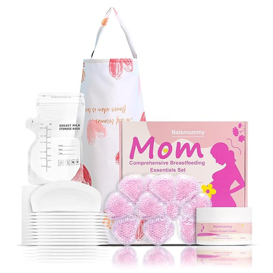 Breastfeeding Essentials Kit for Nursing Moms - Pads, Cover, Nipple Cream 50g, Breastmilk Storage Bag, Hot and Cold Breast Therapy Packs, 55 Piece Gift Set