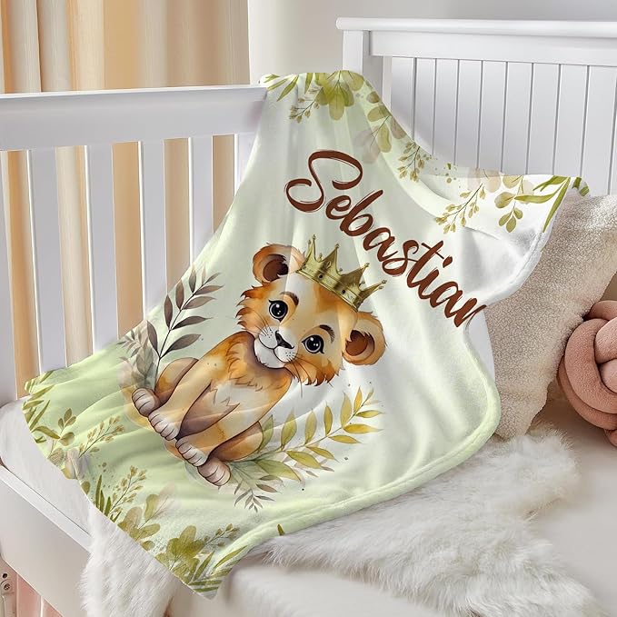 J&SBGFT Custom Baby Boy Lion Blanket with Name,Receiving Blanket for Toddlers Kids Nursery Stroller Crib Cuddles