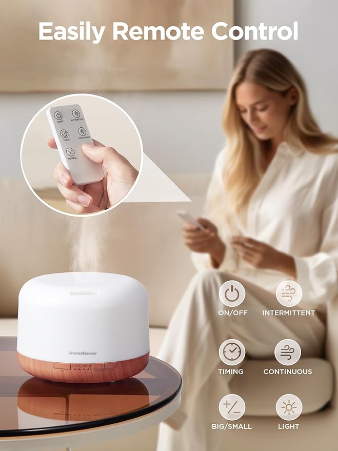 InnoGear 500ml Essential Oil Diffuser with Remote Control, Premium Ultrasonic Aromatherapy Diffusers Scent Humidifier Vaporizer Auto-Off Timer for Large Room Home, Yellow