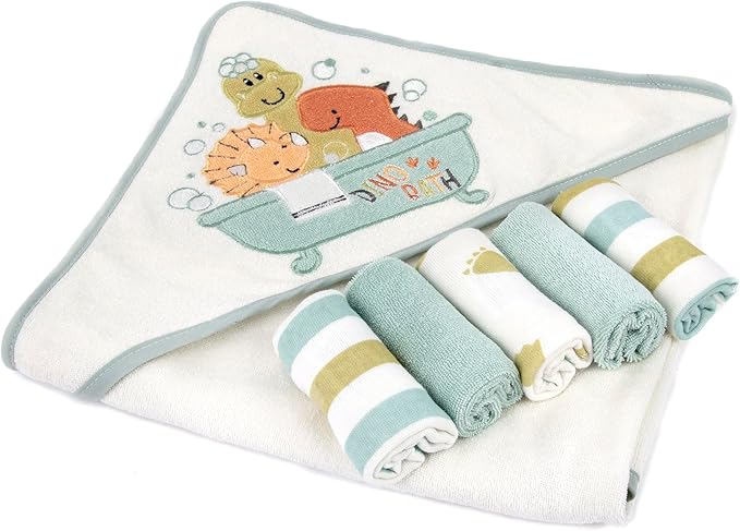 Baby Hooded Bath Towel and Washcloth Set for Infants, Boys and Girls 6-12 Months (Drippy Dinos)