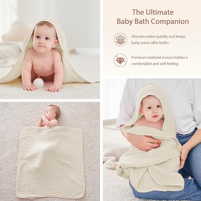 Hooded Baby Towels for Newborn - 2 Pack, 100% Muslin Cotton, Baby Bath Towels with Hood, Soft and Absorbent for Boys, Girls Infant, Toddler and Kids, Large 32x32 Inches, Newborn Essential