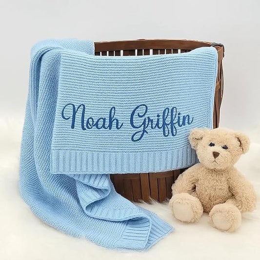 Personalized Baby Knit Blanket Custom Embroidered Cotton Blanket for Newborns Nursery Essentials Stroller Cover Holiday Thoughtful Keepsake for New Parents.