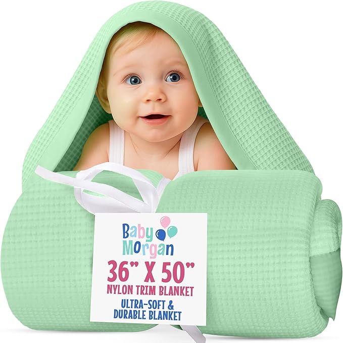 Blankets - Thermal Waffle Warm Baby Blanket for Crib - Soft and Cozy Baby Crib Blanket for Nursery, Stroller, or Naptime Comfort - Ideal Shower Gift - Mint Green, Nylon Trim (36" x 50")