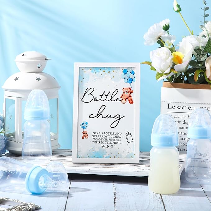 Roowest Bottle Chug Baby Shower Games Favors Including 18 Pcs Feeding Bottles with Blue Bear Theme Wooden Sign for Gender Reveal Baby Shower Party Supplies
