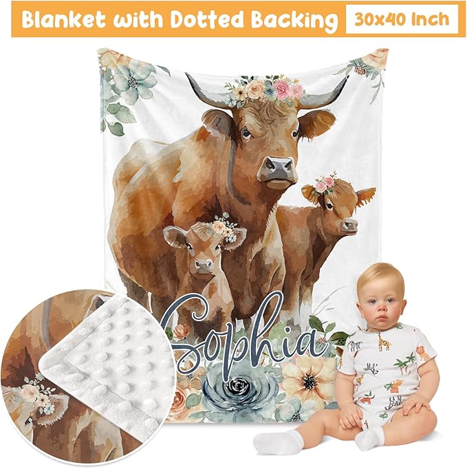 Custom Crib Bedding Set - Highland Cow Design Personalized Name Baby Nursery Bed 3 Pcs Set - Chic Soft Blanket with Dotted Backing, Sheet, Pillowcase for Newborn Girls Boys Gifts Color03
