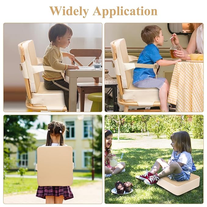 Toddler Booster Seat for Dining Table, Non-Slip Kitchen Chair Booster Seat with Backrest and Adjustable Straps, Portable PU Waterproof Travel Baby Booster Increasing Cushion