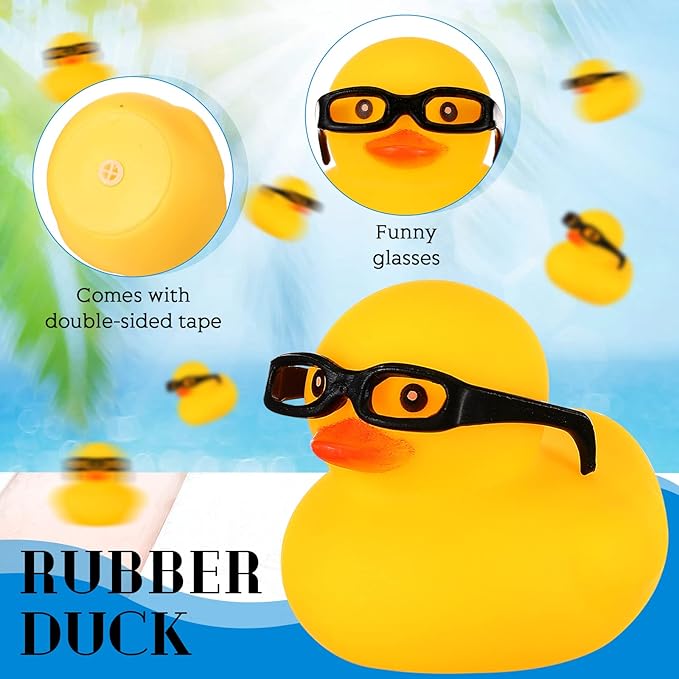 Chivao 12 Pcs Rubber Ducks with 12 Sunglasses/ Hats/ Headwear Small Mini Carnival Cruise Birthday Rubber Duckies Bathtub Toys in Bulk(Duck with Glasses,Yellow)