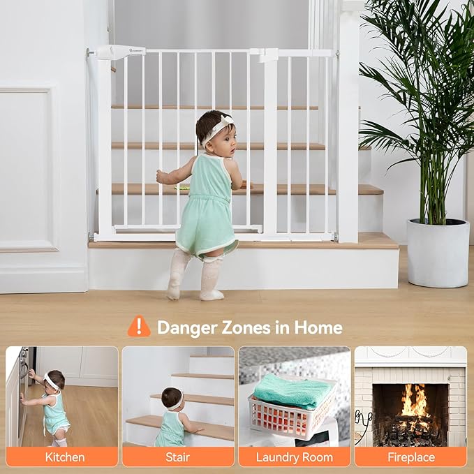 COMOMY 30" Tall Baby Gate for Stairs Doorways, Fits Openings 29.5" to 40.5" Wide, Auto Close Extra Wide Dog Gate for House, Pressure Mounted Easy Walk Through Pet Gate with Door, White