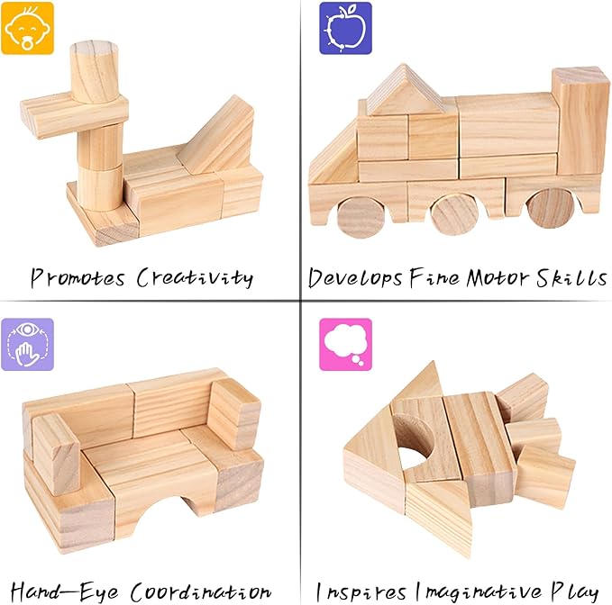 100 Pcs Kids Natural Colored Wood Building Block Toys Wooden Blocks Building Blocks for Toddlers Preschool Learning Toys Stacking Block Birthday Gifts for Toddlers