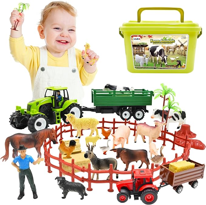 Farm Animal Figures Toy, Realistic Plastic 2 Farm Truck Playset with Trailer, Farmer Fence Storage Box, Christmas Birthday Easter Gift for Kids 3-8
