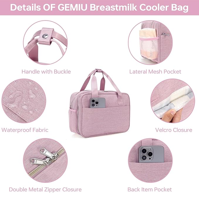 Breastmilk Cooler Bag with Ice Pack,Fits 6 Baby Bottles Up to 9 Ounce Breast Milk Cooler Travel Bag Compatible with Wearable Breast Pumps & Accessories for Nursing Mom Daycare Pink