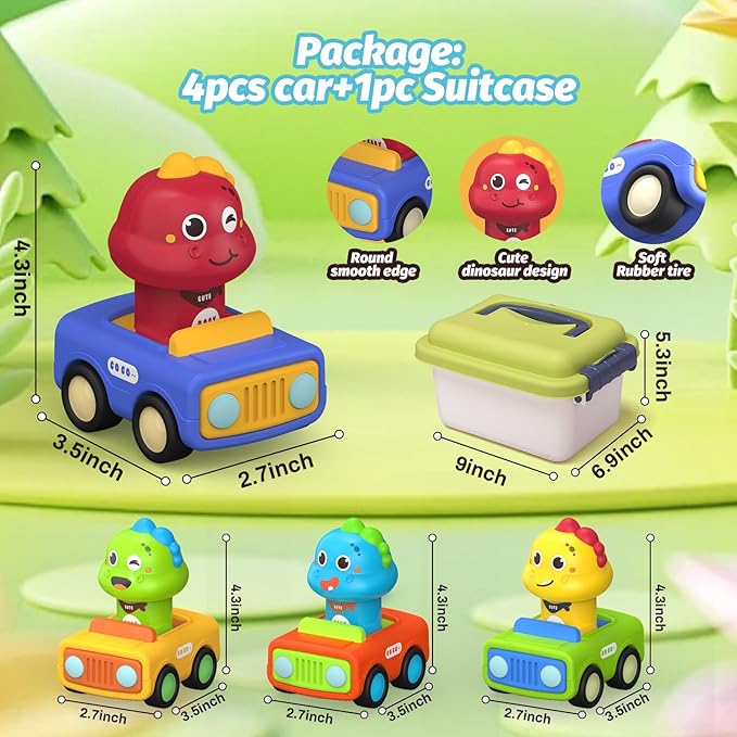4PCS Big Press and Go Car Toys for Toddlers 1-3,Baby Animal Race Cars with Big Storage Box Infant Toys Push Go Friction Dino Car Learning Toys for Toddlers 1-3