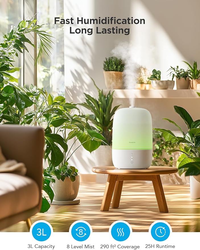 GoveeLife Smart Humidifiers for Bedroom, 3L Top Fill Cool Mist Humidifiers with Essential Oil Diffuser, Humidity Control, WiFi Air Humidifier with Night Light, for Baby, Plants, Home, Work with Alexa