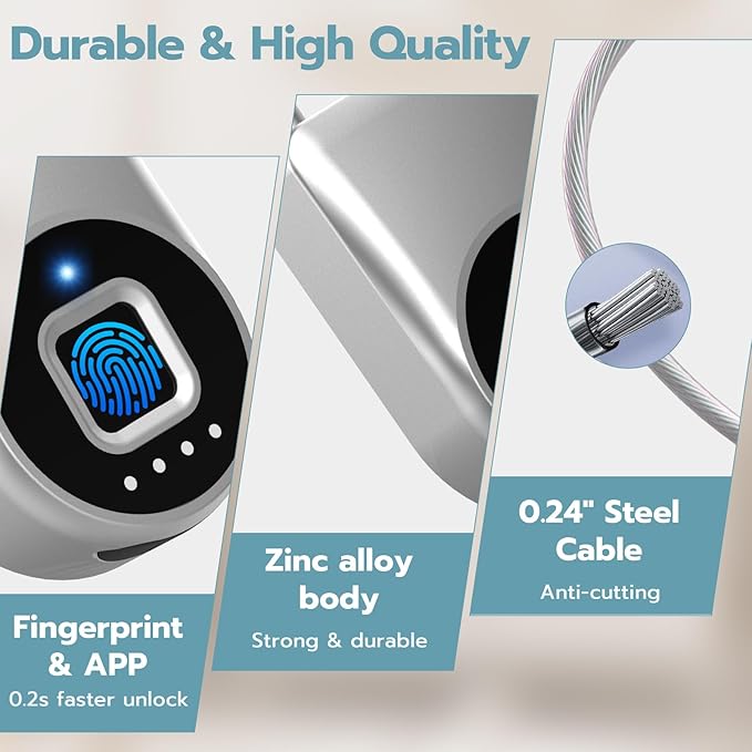 Fingerprint Cable Lock, Fridge Lock with Fingerprint Bluetooth APP Control, Smart Biometric Waterproof Child-Proof Refrigerator Locks for Kids & Adults Fridge French Door Cabinet Gate