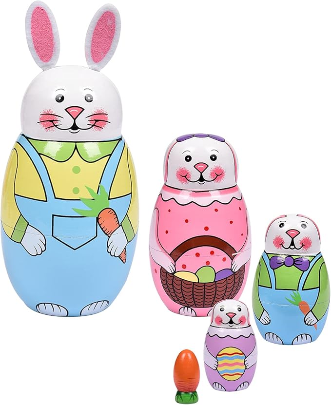 Russian Nesting Dolls, Stacking Wooden Handmade Matryoshka Dolls, 5 Pcs 6 ''Tall Animal Nesting Easter Eggs Toys for Kids Toddlers Birthday or Home Decoration Gift (Rabbit)