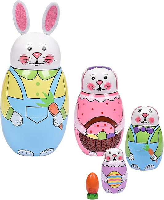 Russian Nesting Dolls, Stacking Wooden Handmade Matryoshka Dolls, 5 Pcs 6 ''Tall Animal Nesting Easter Eggs Toys for Kids Toddlers Birthday or Home Decoration Gift (Rabbit)