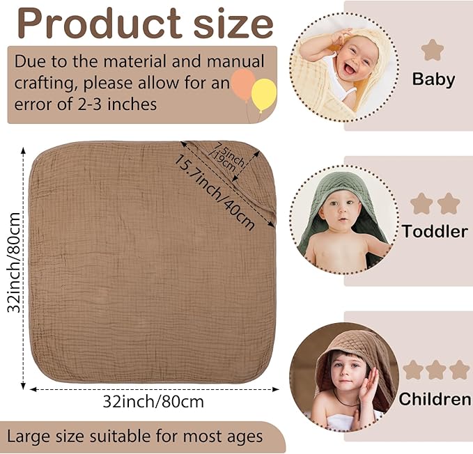 Peryiter 4 Pcs Muslin Hooded Baby Towels, 32"x 32" Cotton Newborn Bath Towel Muslin Infant Baby Blankets Absorbent Unisex Christmas Registry Gift Essentials for Girls Boys (Green)