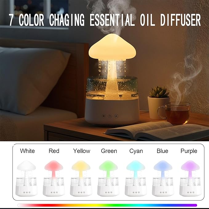 Cloud Rain Humidifier for Bedroom with Soothing Rain Sounds, Water Drip Mushroom Humidifiers 7 Colors Mood Raindrop Air Moisturizer Waterfall Night Light Sleep Aid Diffuser (White Cloud, CH08)