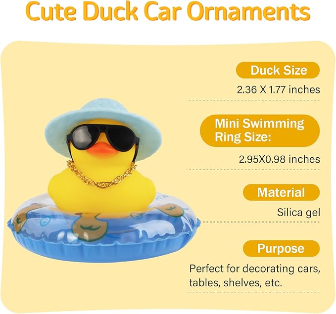 wonuu Car Rubber Duck, Yellow Duck Decoration Dashboard with Sun Hat Swim Ring Necklace Sunglasses for Car Dashboard Decorations